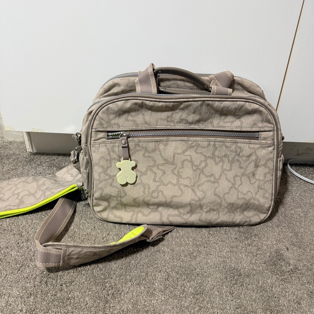Tous Bear Monogram Diaper Bag Beige Neon Yellow with Changing Mat & Pouch